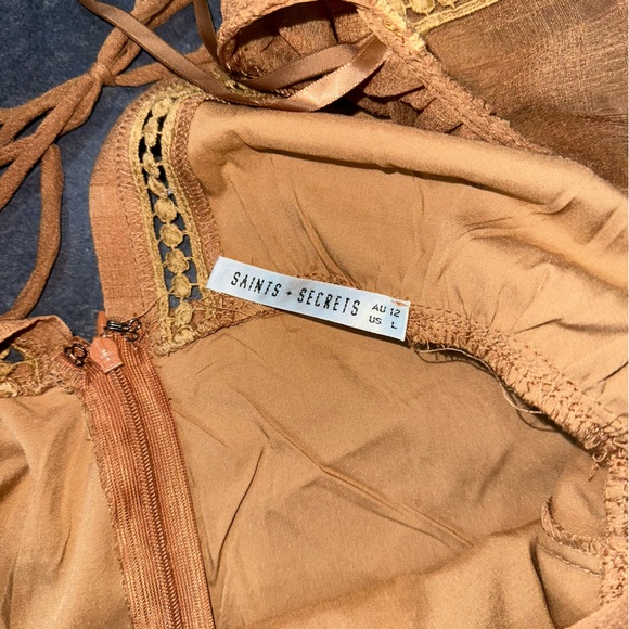 Selfie Leslie Wilde balloon sleeve crochet dress brown tan sundress dress - Picture 11 of 13